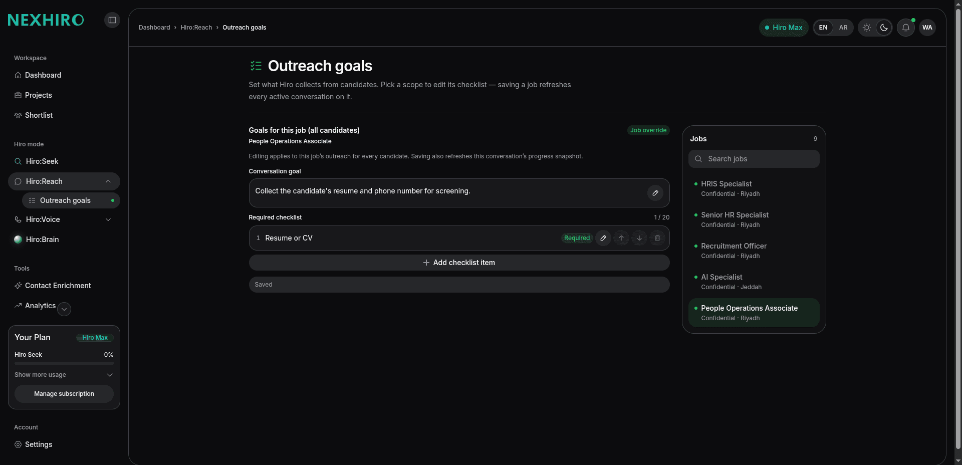 Hiro:Reach outreach goals screen with conversation goal and required checklist items.